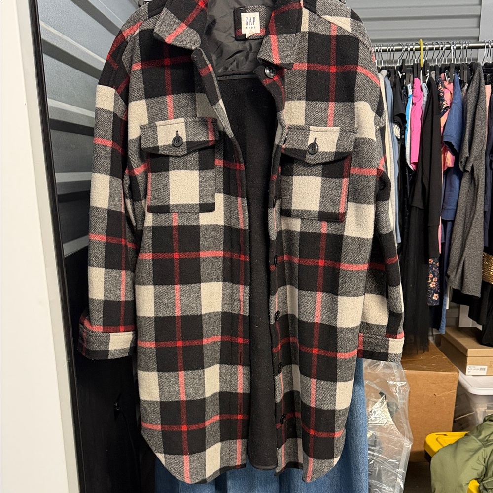 GAP Women's Black and Red Checkered Utility Jacket